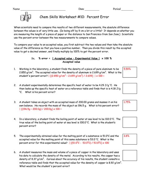 percent error worksheet answers